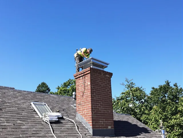 West Haven Chimney Sweep technician measuring a chimney cap in West Haven, CT