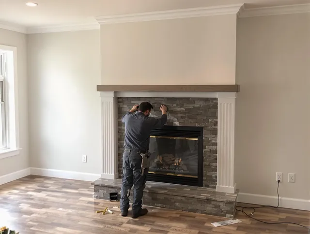 West Haven Chimney Sweep finishing a custom fireplace install in West Haven, CT